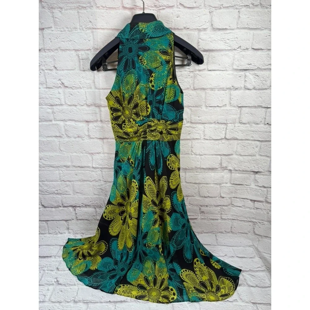Evan Picone Everyday Art‎ Teal & Yellow Halter Neck Floral Dress Size 4 Side Zip